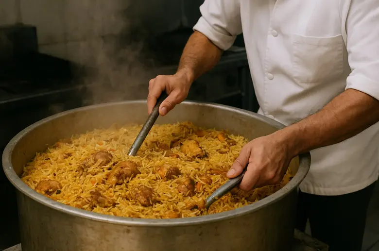 Hyderabad Cook House team preparing biryani for Edmonton catering order