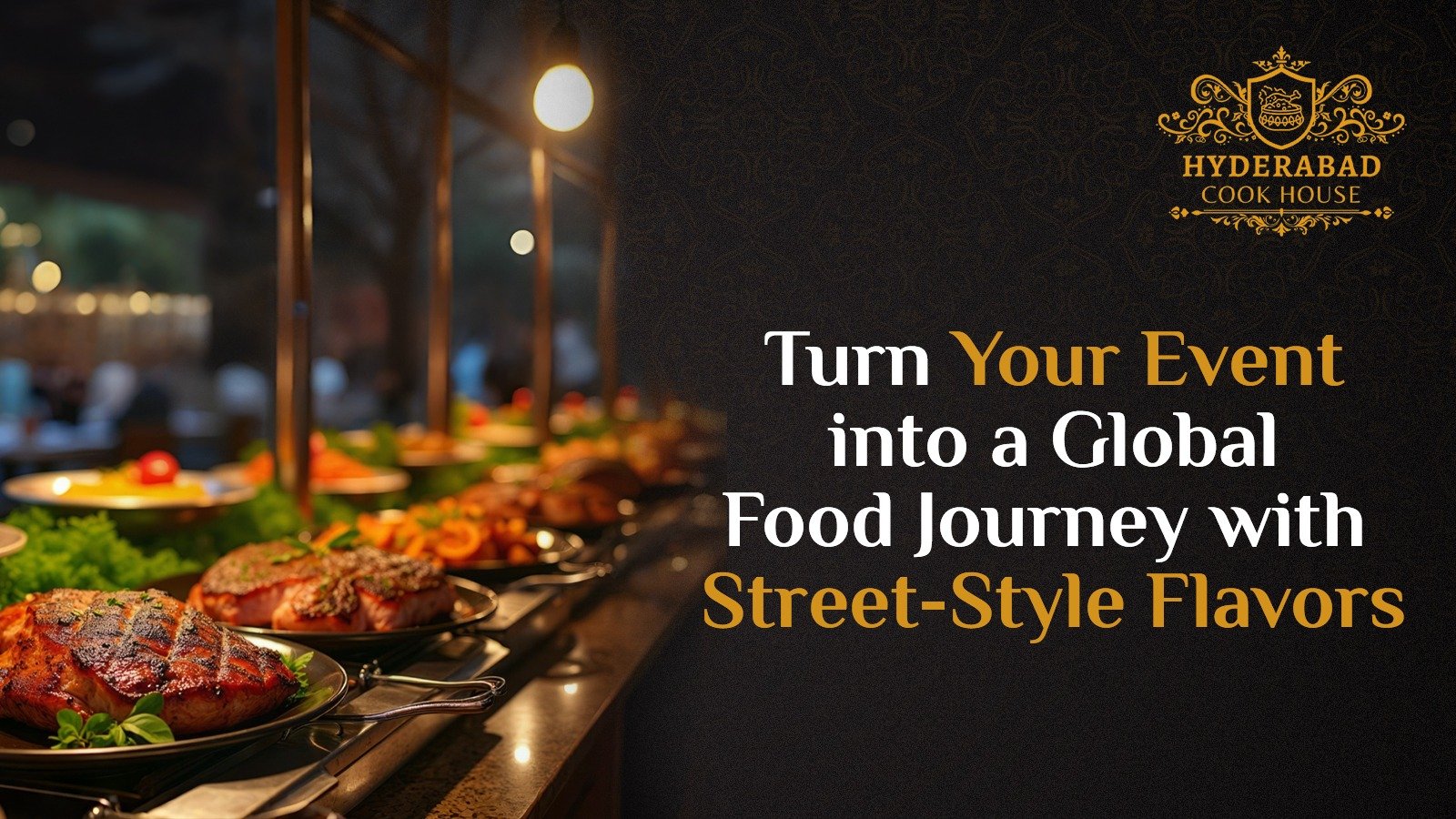 Buffet-style catering setup with grilled dishes and biryani at Hyderabad Cook House, an Indian restaurant in Edmonton.