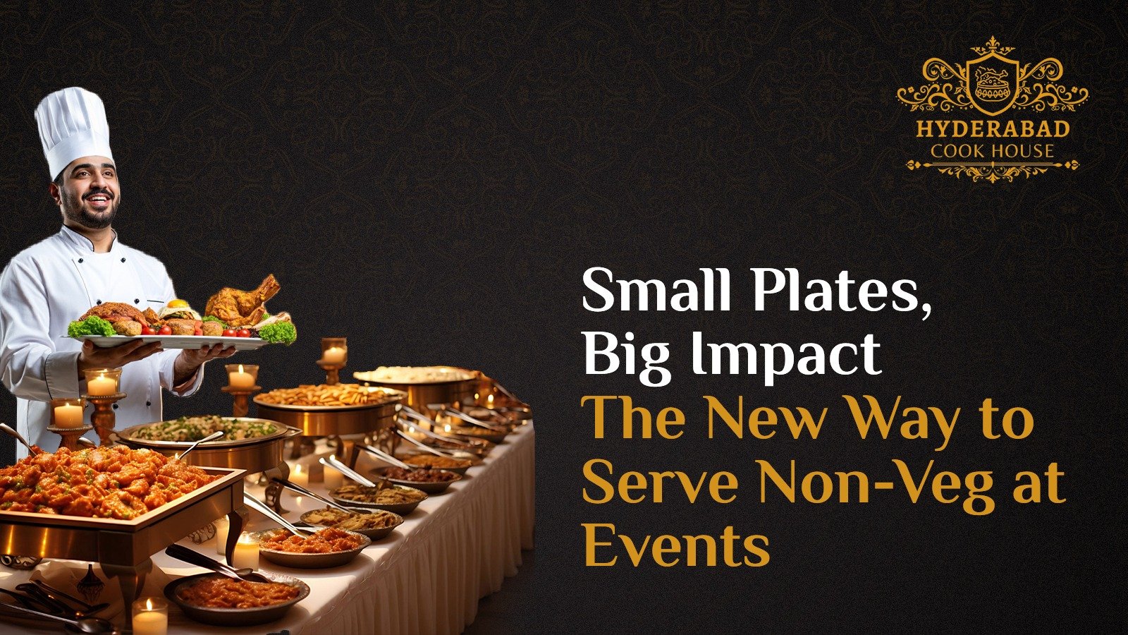 Chef serving non-veg biryani and small plates at an elegant event catering buffet