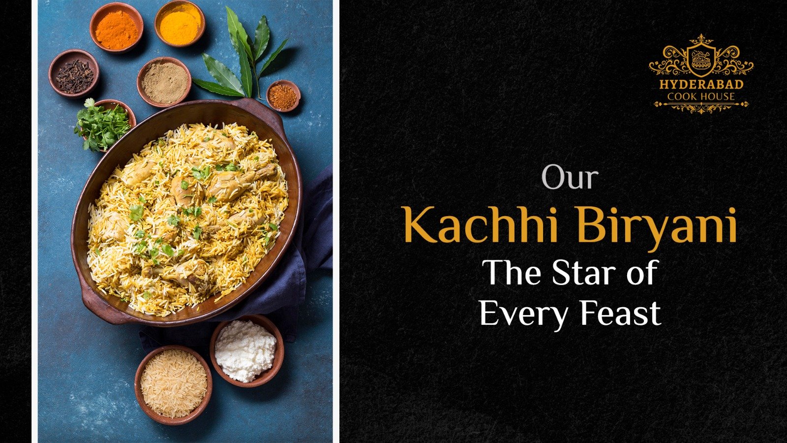 Authentic Hyderabadi Kachhi biryani served at Hyderabad Cook House in Edmonton with traditional spices and rich flavors.