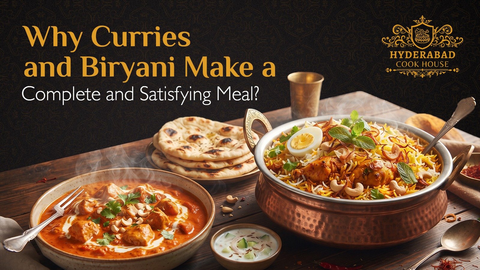 Hyderabadi biryani served with curry and side dishes in Edmonton.